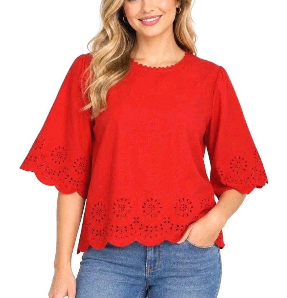 LOFT~Size L~ Orange/Red Embroidered Linen Blend Blouse 3/4 Sleeve Scallop Eyelet